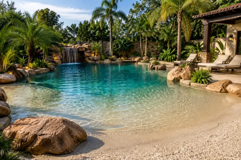 Alberca tipo playa con cascada y vegetación