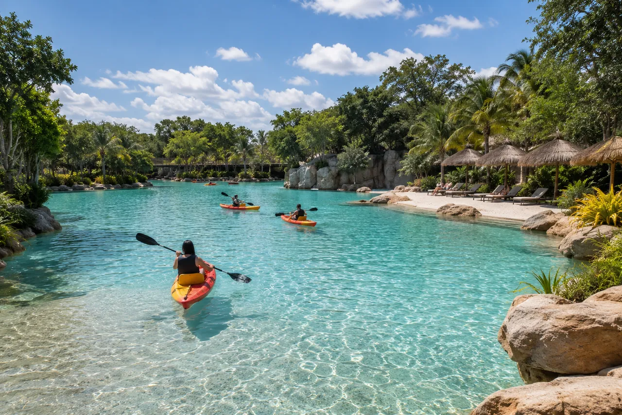 Laguna cristalina recreativa con kayaks y área tipo resort